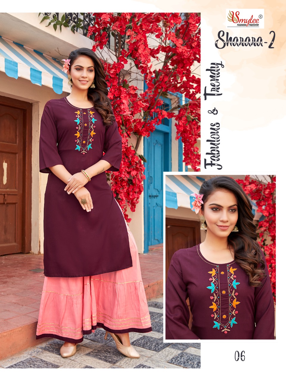Smylee Fashion Sharara Vol 2 Rayon Embroidery Kurtis With Sharara Set Wholesaler Surat