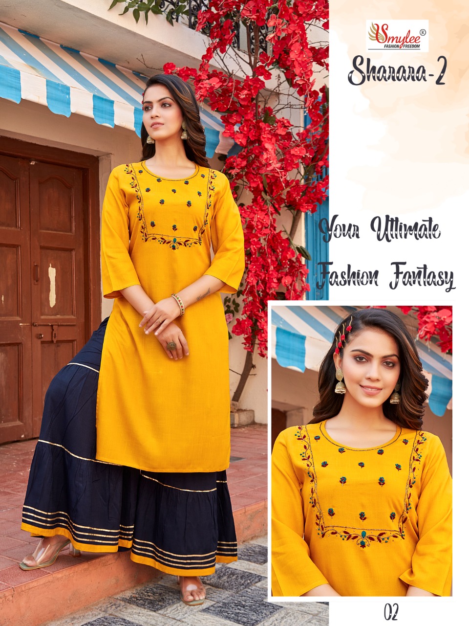 Smylee Fashion Sharara Vol 2 Rayon Embroidery Kurtis With Sharara Set Wholesaler Surat