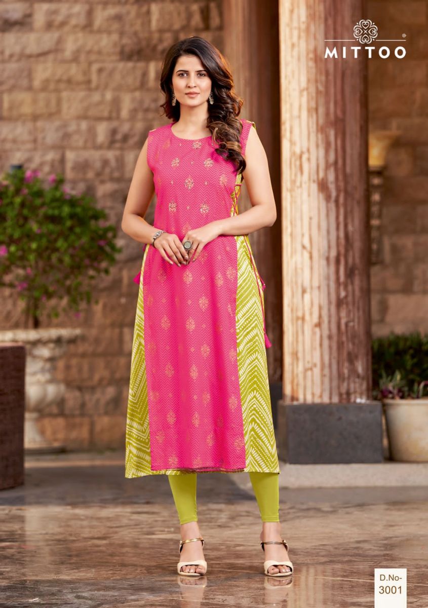 Mittoo Nandani Rayon Prints With Fancy Embroiderey Kurtis Wholesaler Surat