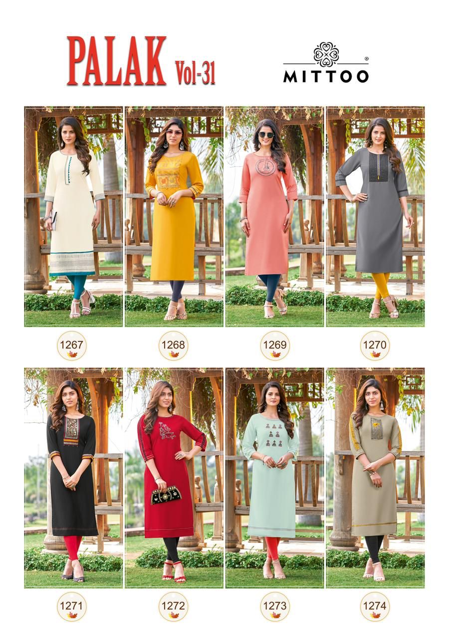 Mittoo Palak Vol 31 Rayon Fancy Designer Kurtis Wholesaler Surat