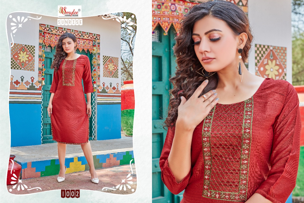 Smylee Fashion Sunrise Rayon Fancy Designer Kurtis Wholesaler Surat