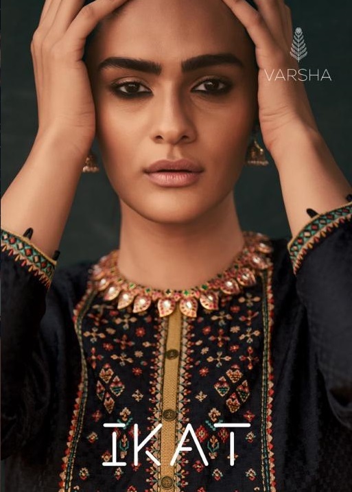Varsha Ikat Tusser Silk With Embroidery Work Salwar Suits Wholesaler Surat