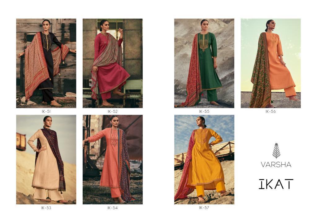 Varsha Ikat Tusser Silk With Embroidery Work Salwar Suits Wholesaler Surat