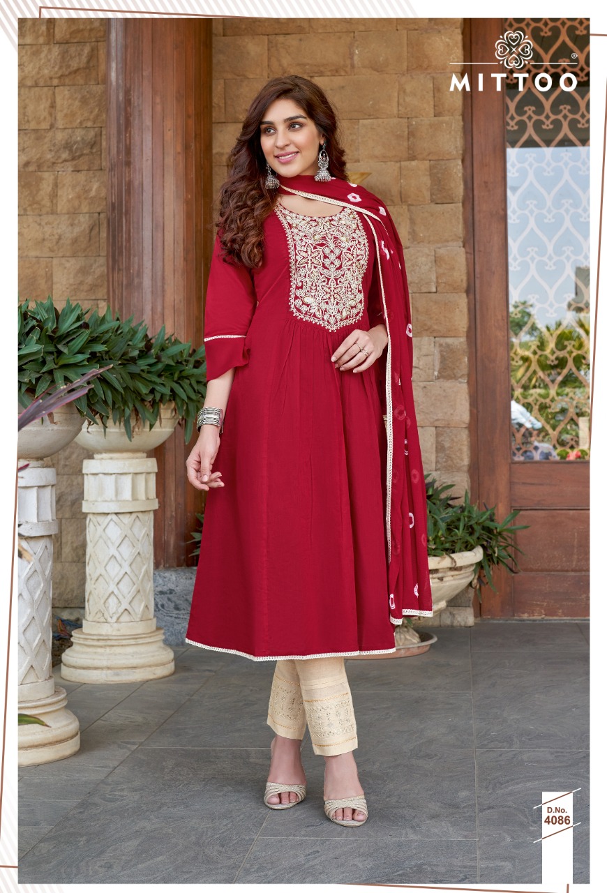 Mittoo Fashion Barkhaa Mull Cotton With Embroidery Work Long Anarkali Style Casual Wear Kurtis Wholesale Dealer Surat