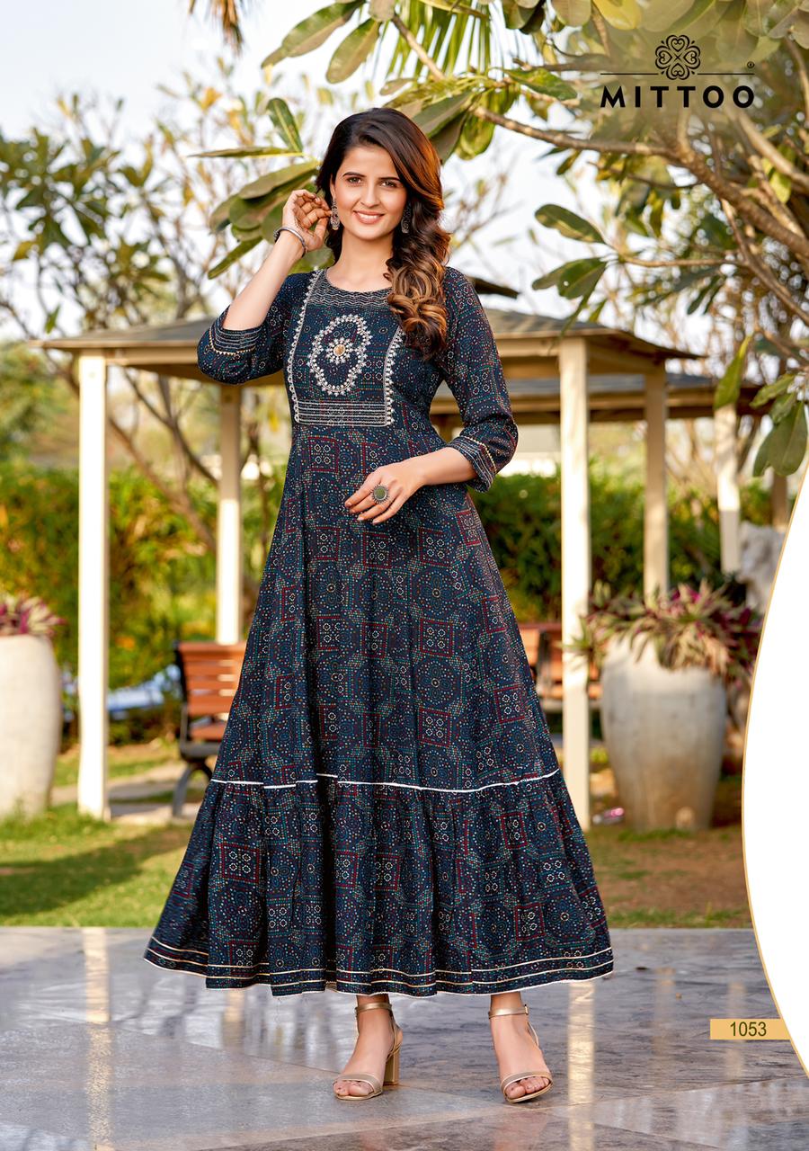 Mittoo Bindi Rayon Prints Fancy Long Kurtis Wholesaler Surat