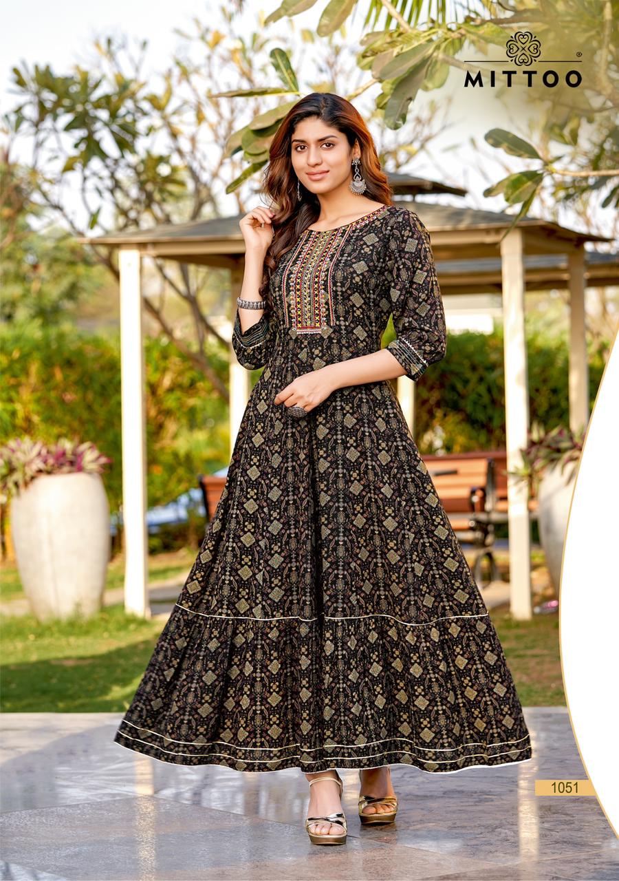 Mittoo Bindi Rayon Prints Fancy Long Kurtis Wholesaler Surat