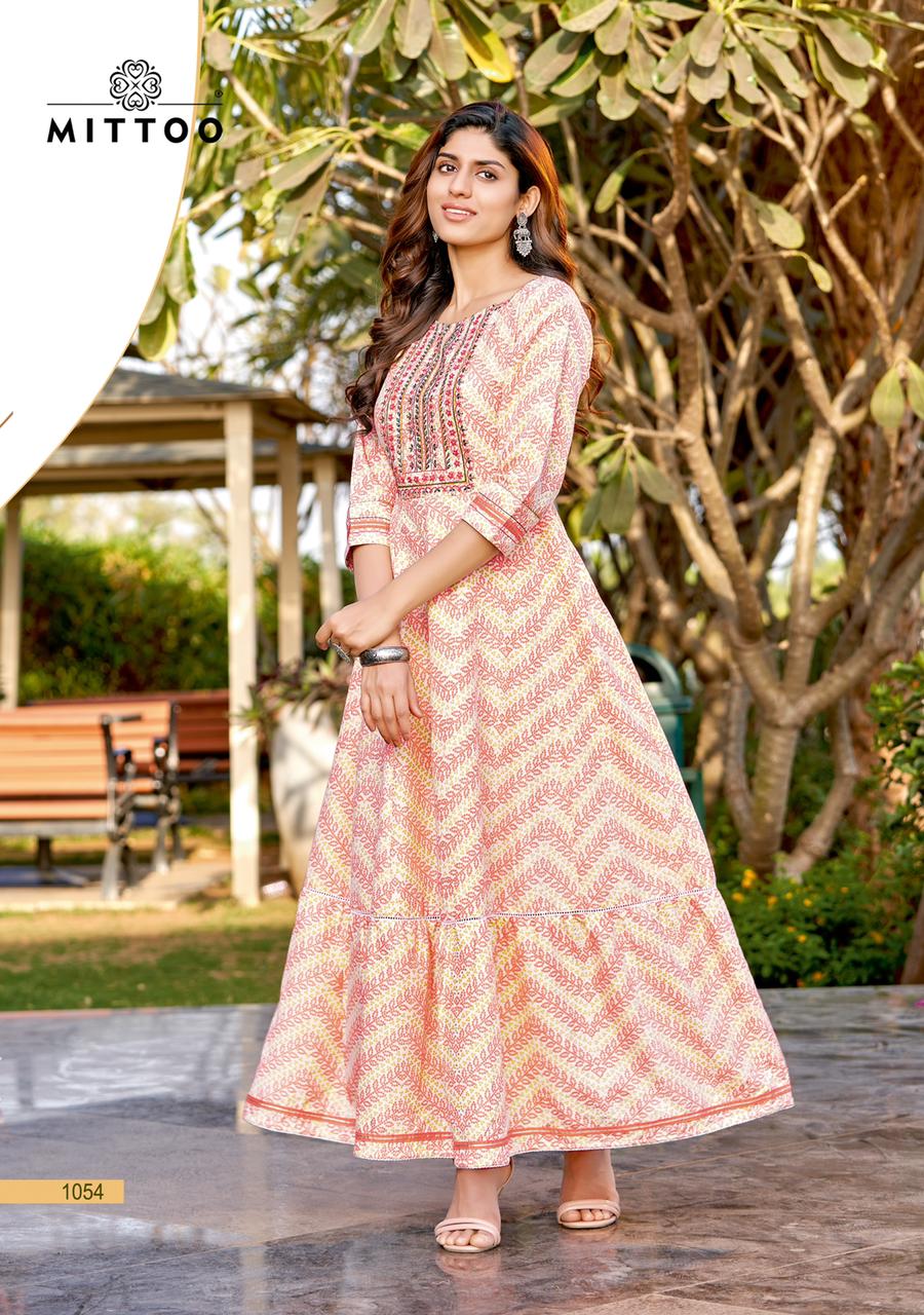 Mittoo Bindi Rayon Prints Fancy Long Kurtis Wholesaler Surat