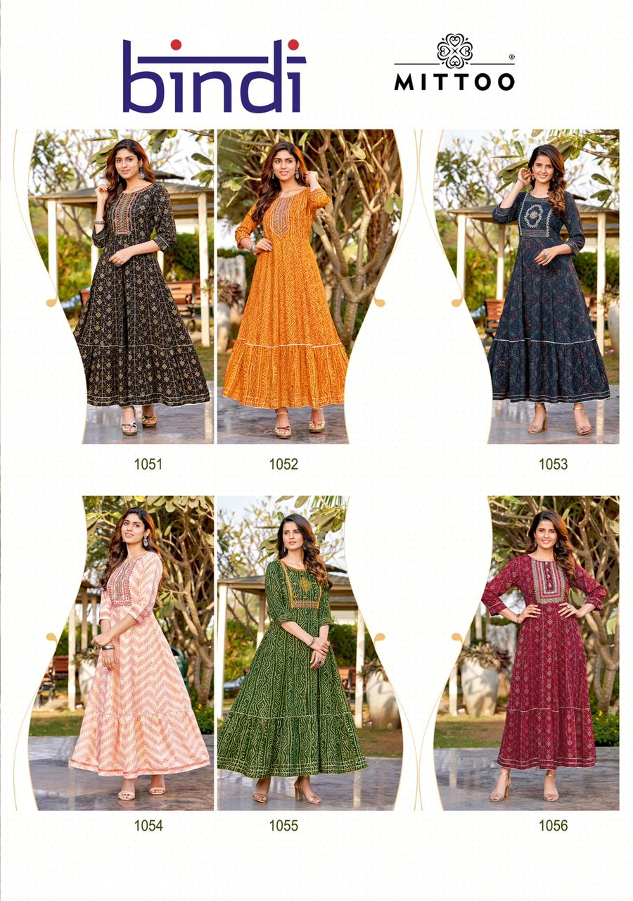 Mittoo Bindi Rayon Prints Fancy Long Kurtis Wholesaler Surat