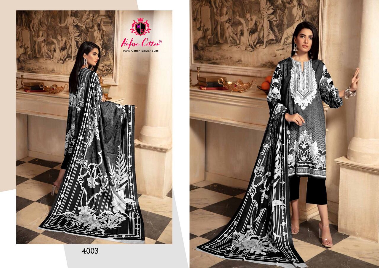 Nafisa Cotton Black And White Karachi Queen Vol 4 Cotton Suits Wholesaler Surat