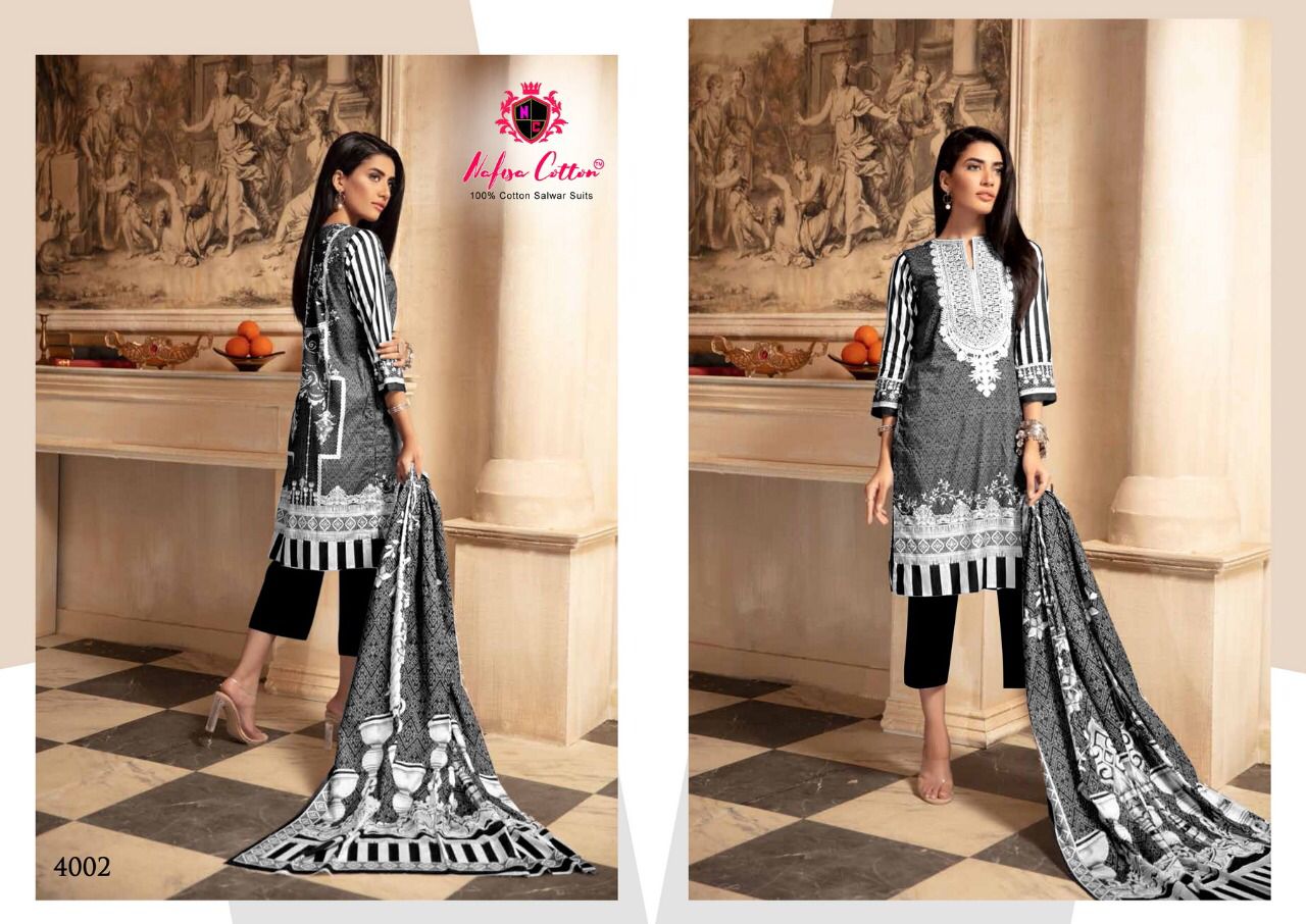 Nafisa Cotton Black And White Karachi Queen Vol 4 Cotton Suits Wholesaler Surat