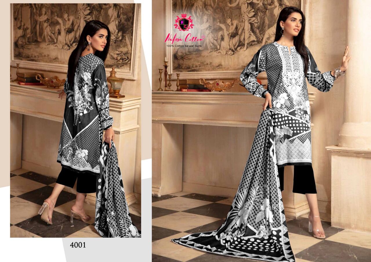Nafisa Cotton Black And White Karachi Queen Vol 4 Cotton Suits Wholesaler Surat
