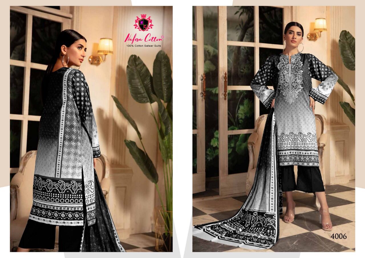 Nafisa Cotton Black And White Karachi Queen Vol 4 Cotton Suits Wholesaler Surat