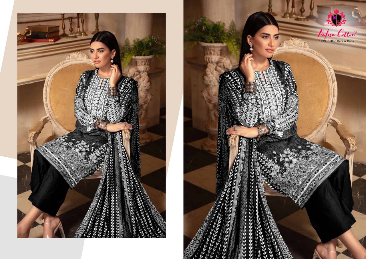 Nafisa Cotton Black And White Karachi Queen Vol 4 Cotton Suits Wholesaler Surat