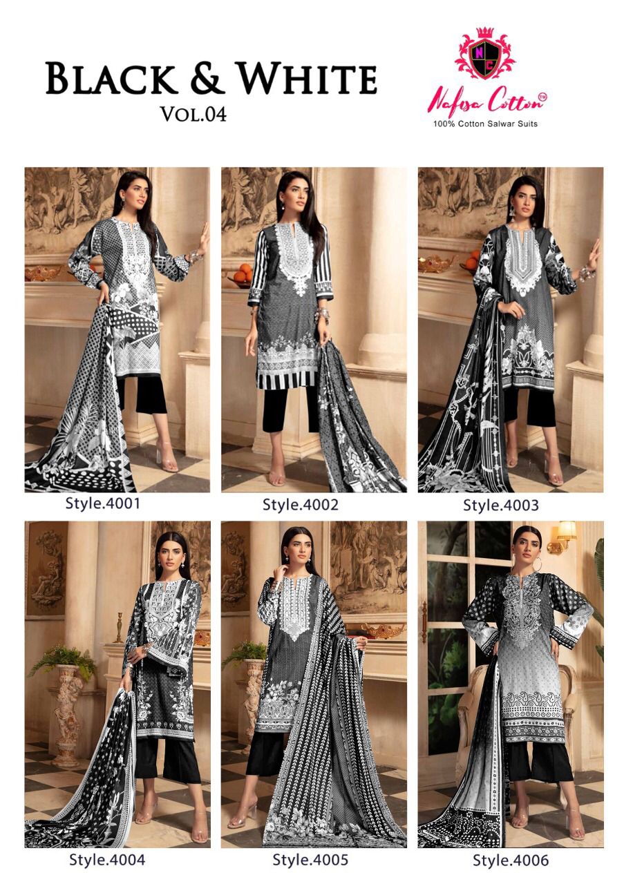 Nafisa Cotton Black And White Karachi Queen Vol 4 Cotton Suits Wholesaler Surat