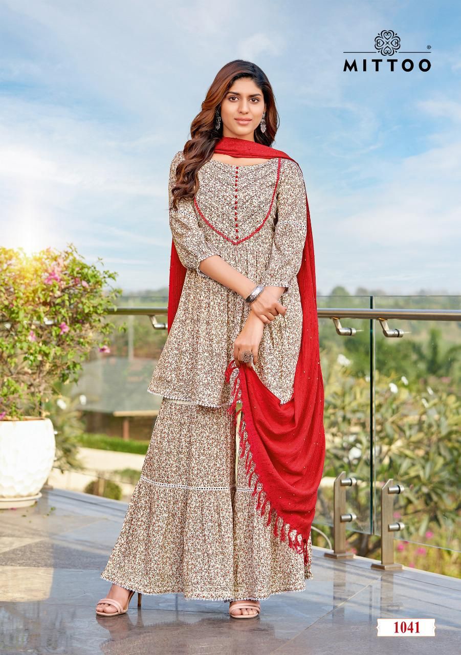 Mittoo Ceremony Rayon Fancy Printed Ready Made Sharara Suits Wholesaler Surat