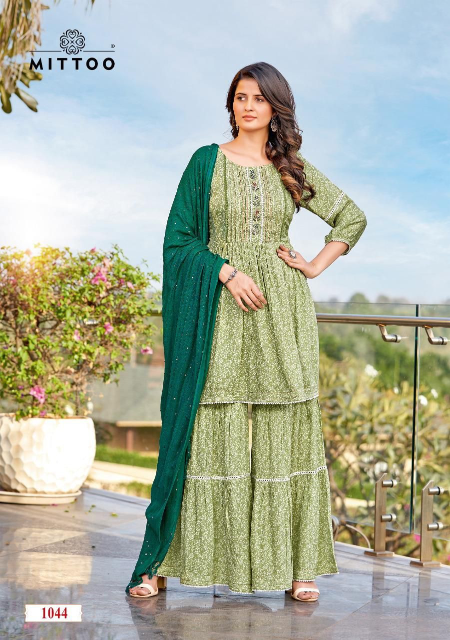Mittoo Ceremony Rayon Fancy Printed Ready Made Sharara Suits Wholesaler Surat