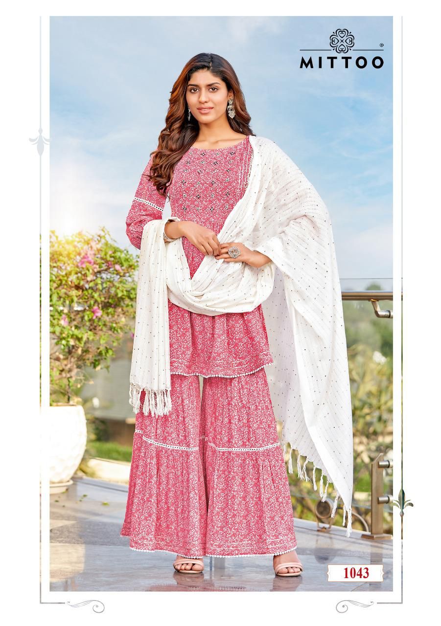 Mittoo Ceremony Rayon Fancy Printed Ready Made Sharara Suits Wholesaler Surat