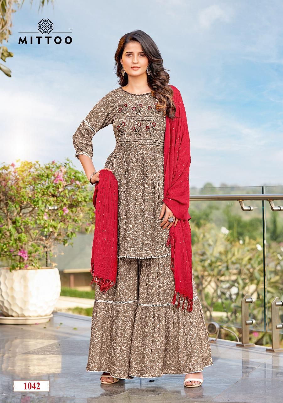 Mittoo Ceremony Rayon Fancy Printed Ready Made Sharara Suits Wholesaler Surat