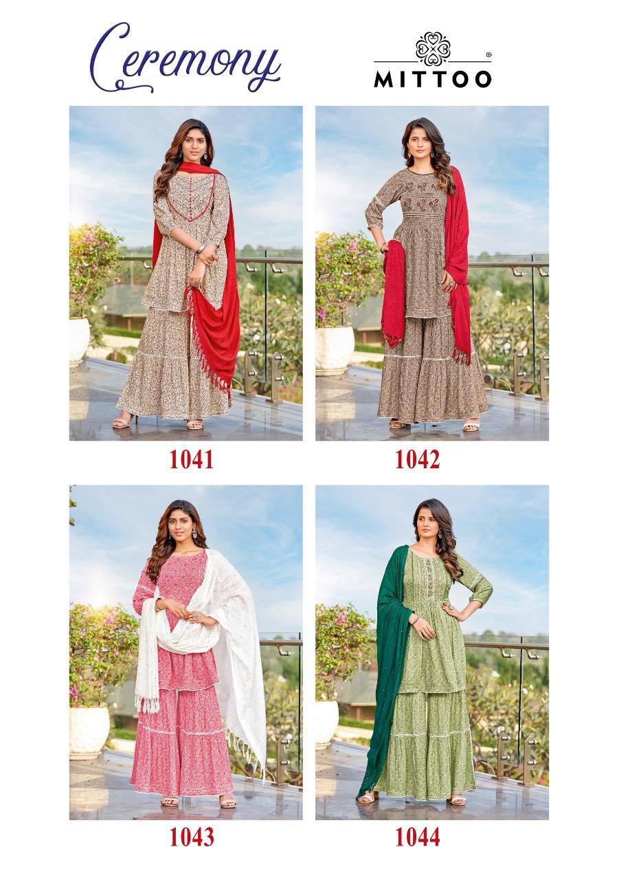 Mittoo Ceremony Rayon Fancy Printed Ready Made Sharara Suits Wholesaler Surat