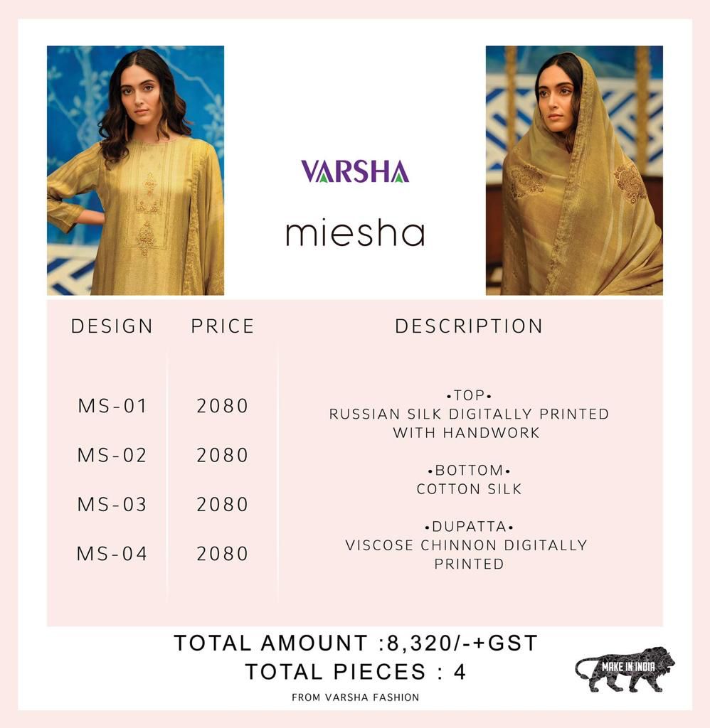 Varsha Miesha Russian Silk Digitaly Print With Hand Work Designer Suits Wholesaler Surat