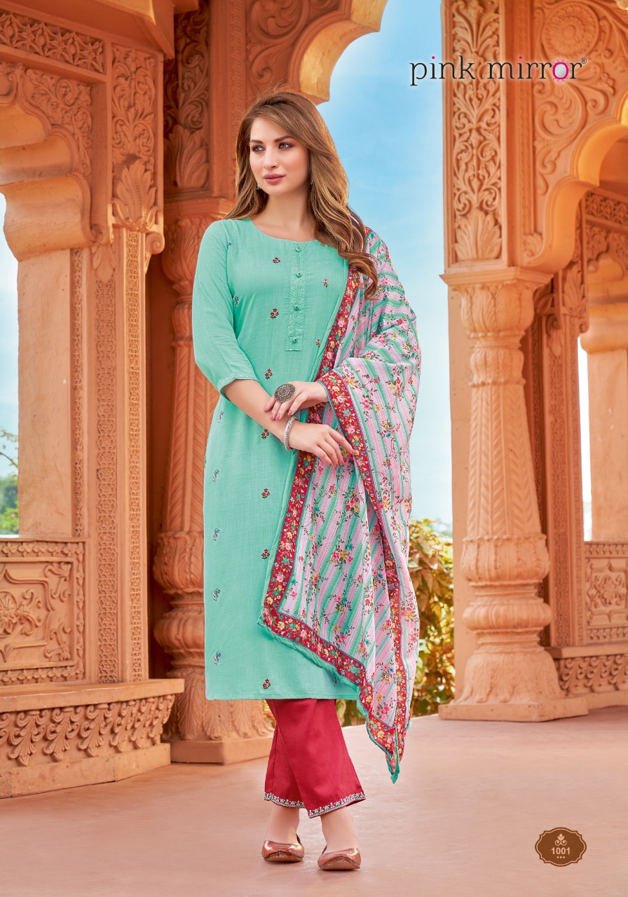 Pink Mirror Refresh Rayon Embroidery Designer Kurti Combo Set Wholesaler Surat