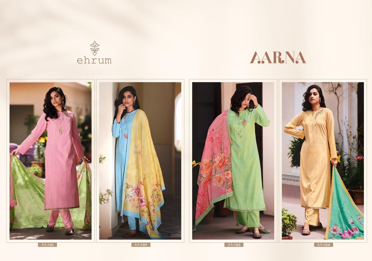 Varsha Ehrum Aarna Cotton Embroidery Designer Fancy Salwar Suits Wholesaler Surat