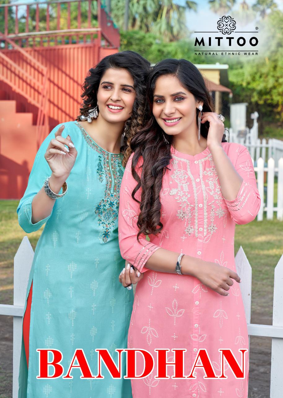 Mittoo Bandhan Printed Rayon Fancy Hand Work Kurtis Wholesaler Surat