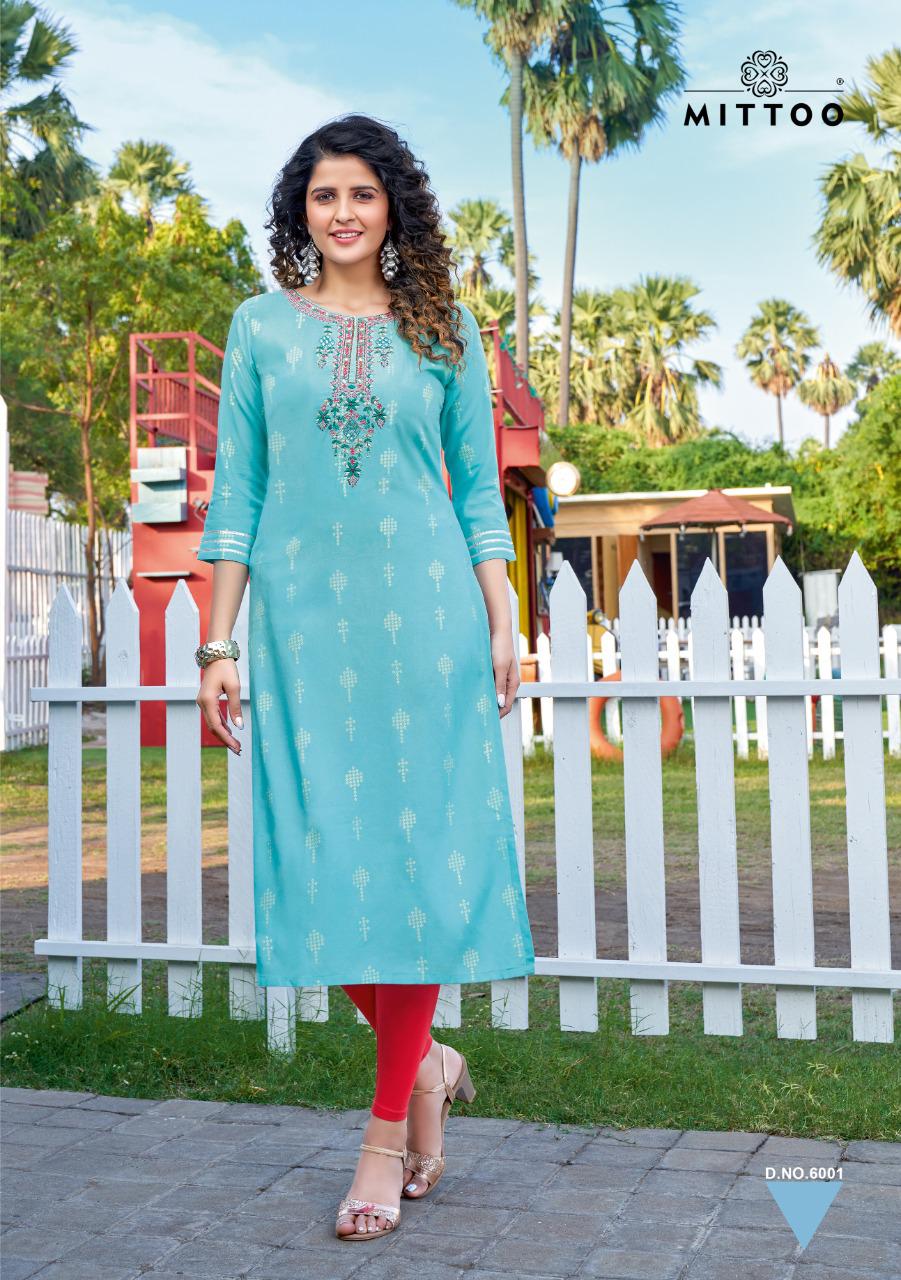 Mittoo Bandhan Printed Rayon Fancy Hand Work Kurtis Wholesaler Surat