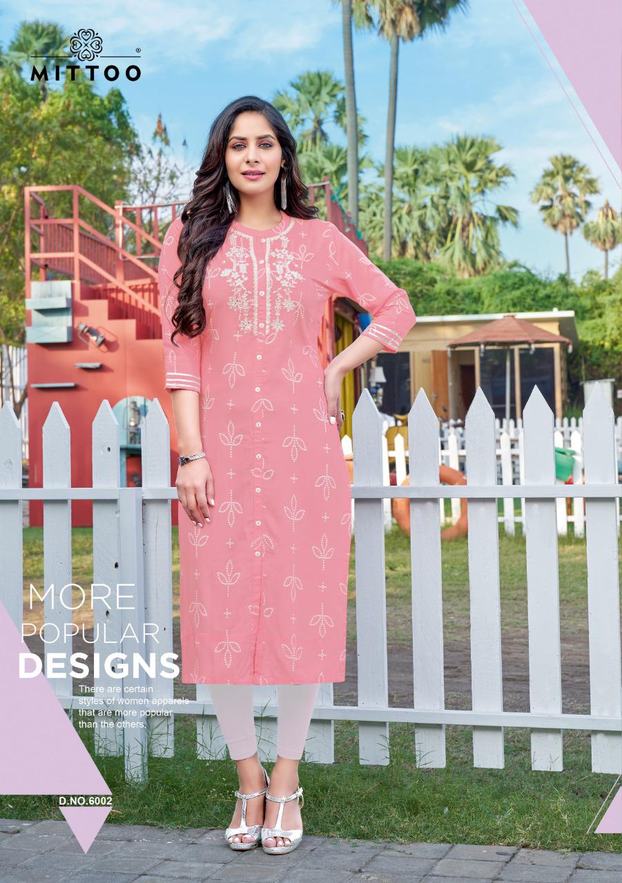 Mittoo Bandhan Printed Rayon Fancy Hand Work Kurtis Wholesaler Surat