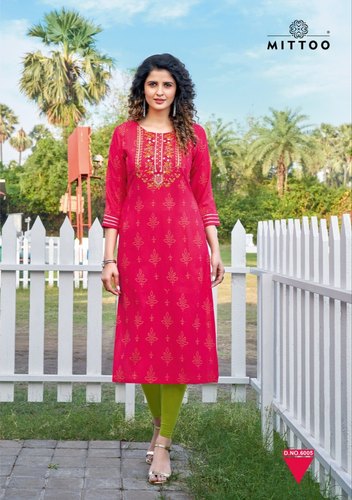 Mittoo Bandhan Printed Rayon Fancy Hand Work Kurtis Wholesaler Surat