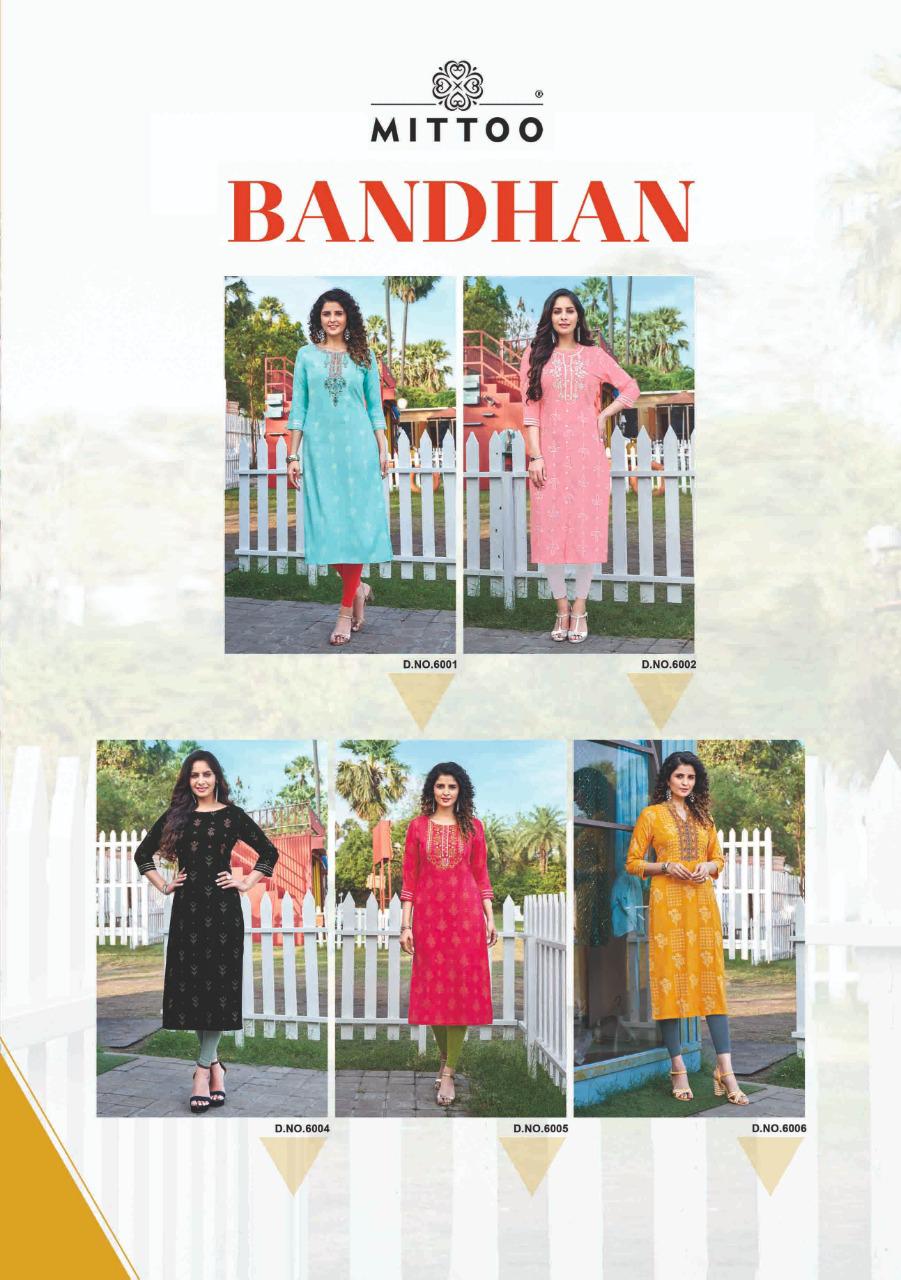 Mittoo Bandhan Printed Rayon Fancy Hand Work Kurtis Wholesaler Surat