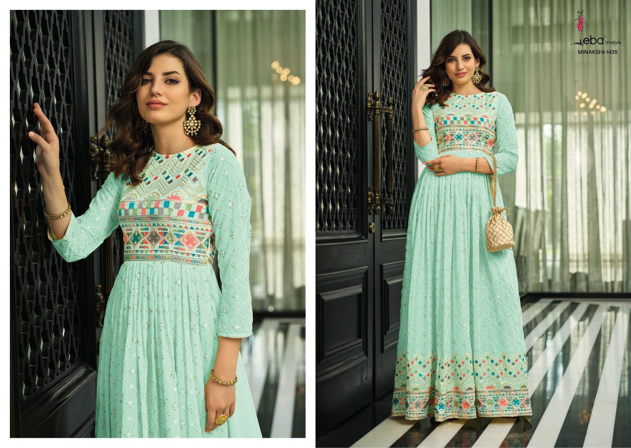 Eba Lifestyle Minakshi Georgette With Long Embroidery Gown Kurtis Wholesaler Surat