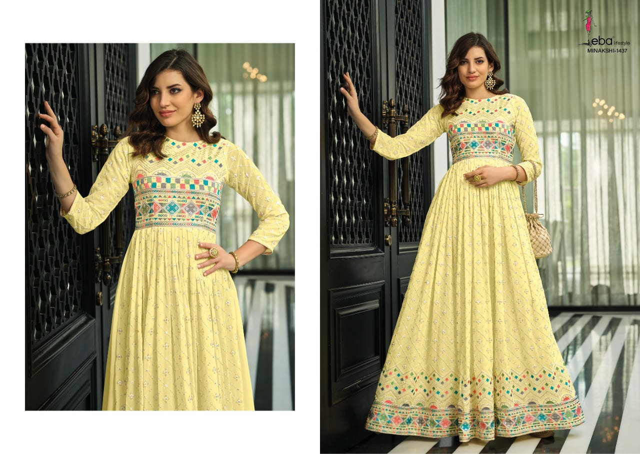 Eba Lifestyle Minakshi Georgette With Long Embroidery Gown Kurtis Wholesaler Surat