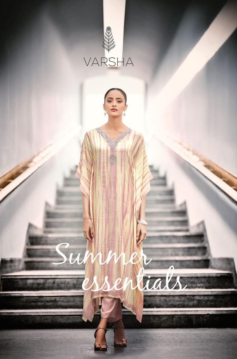 Varsha Summer Essentials Silk Satin Embroidery Designer Kaftan Kurtis With Bottom Set Wholesaler Surat