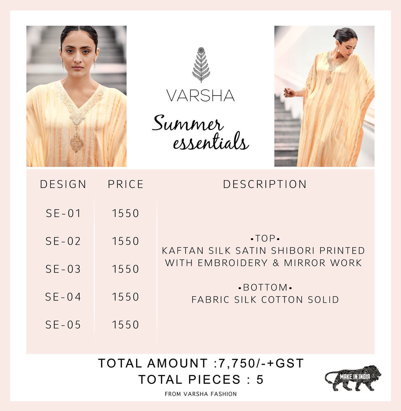 Varsha Summer Essentials Silk Satin Embroidery Designer Kaftan Kurtis With Bottom Set Wholesaler Surat