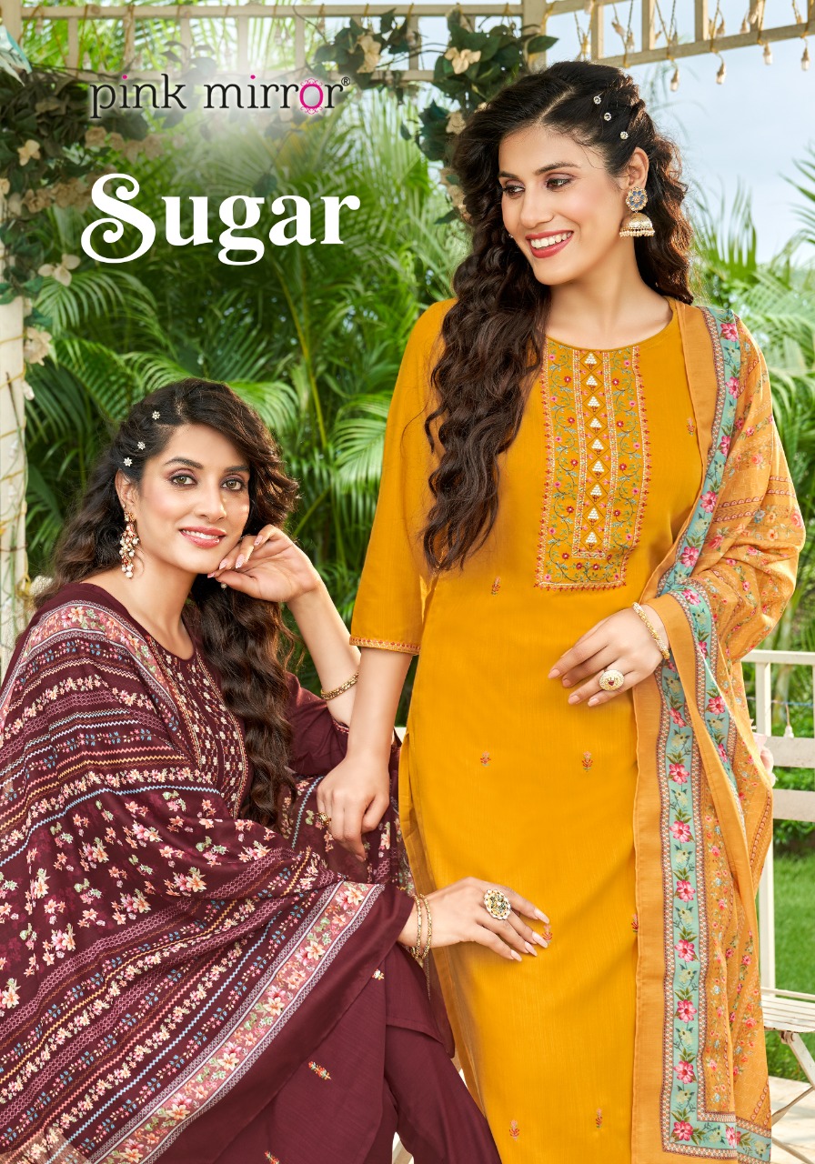 Pink Mirror Sugar Tesla Slub With Embroidery Work Kurtis Full Set Wholesaler Surat