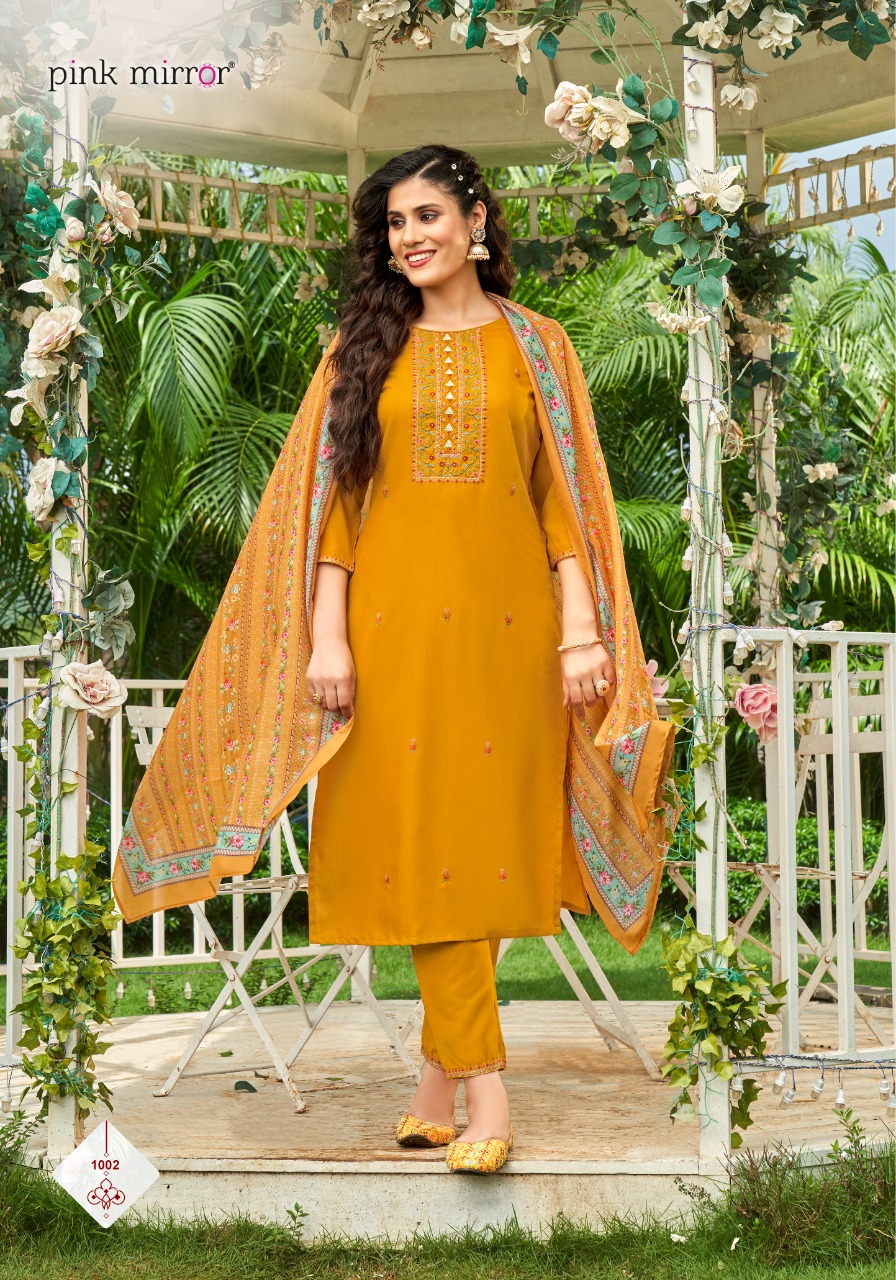 Pink Mirror Sugar Tesla Slub With Embroidery Work Kurtis Full Set Wholesaler Surat
