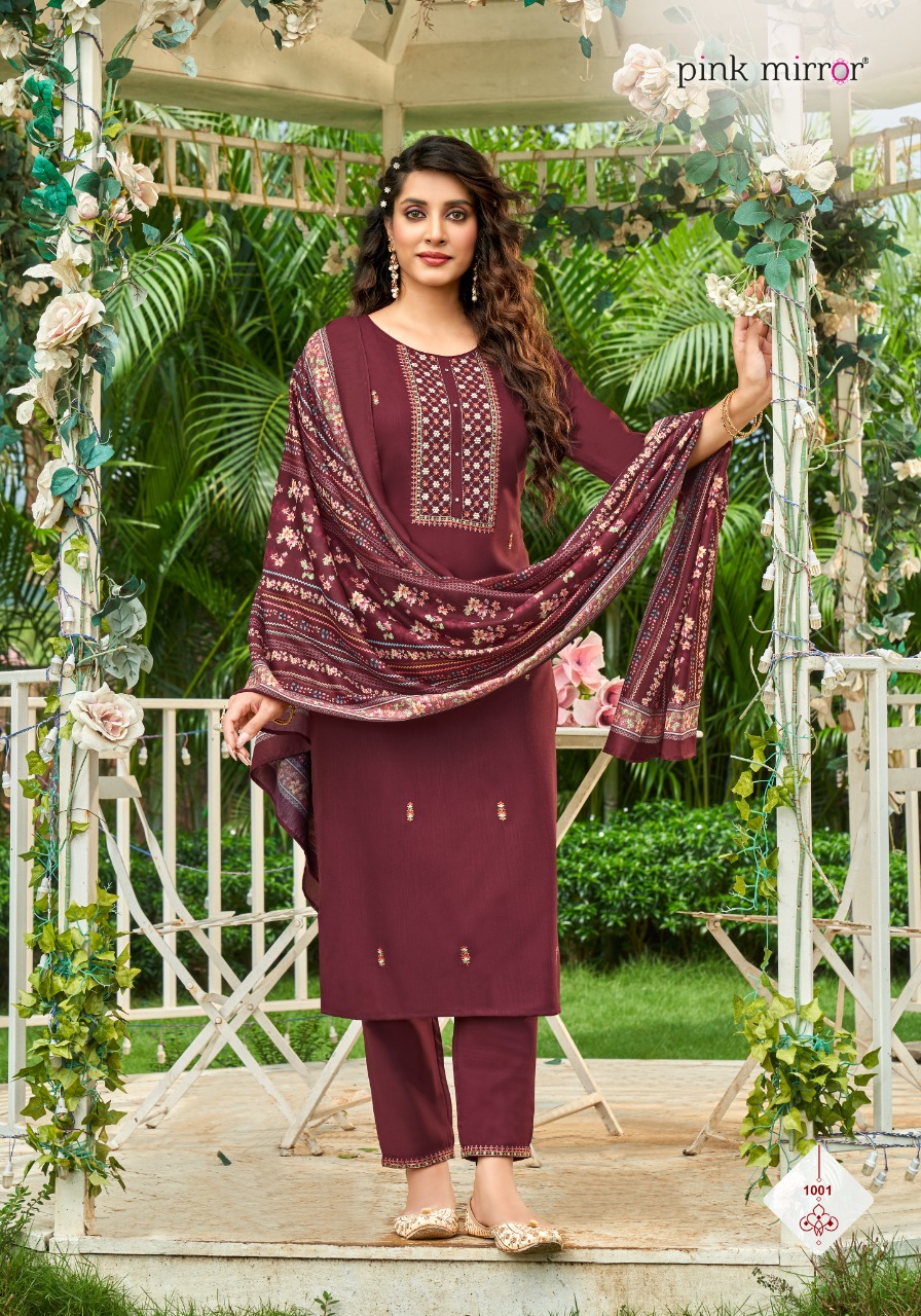 Pink Mirror Sugar Tesla Slub With Embroidery Work Kurtis Full Set Wholesaler Surat
