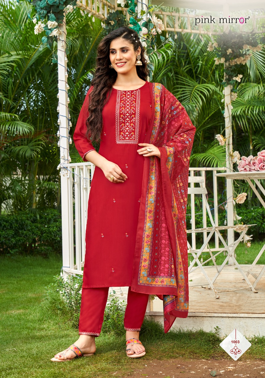 Pink Mirror Sugar Tesla Slub With Embroidery Work Kurtis Full Set Wholesaler Surat