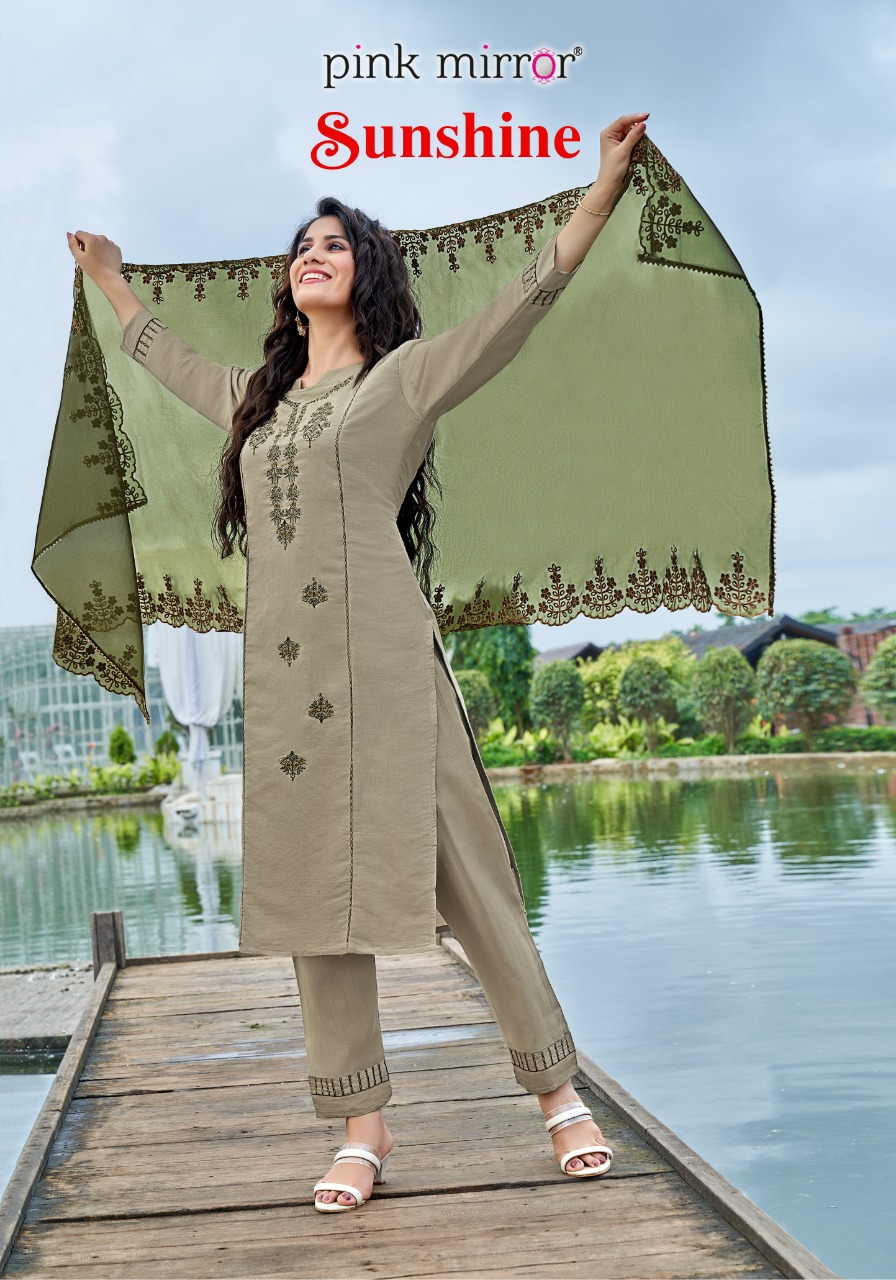 Pink Mirror Presents Sunshine Roman Silk Embroidery Designer Readymade Kurtis Wholesaler Surat