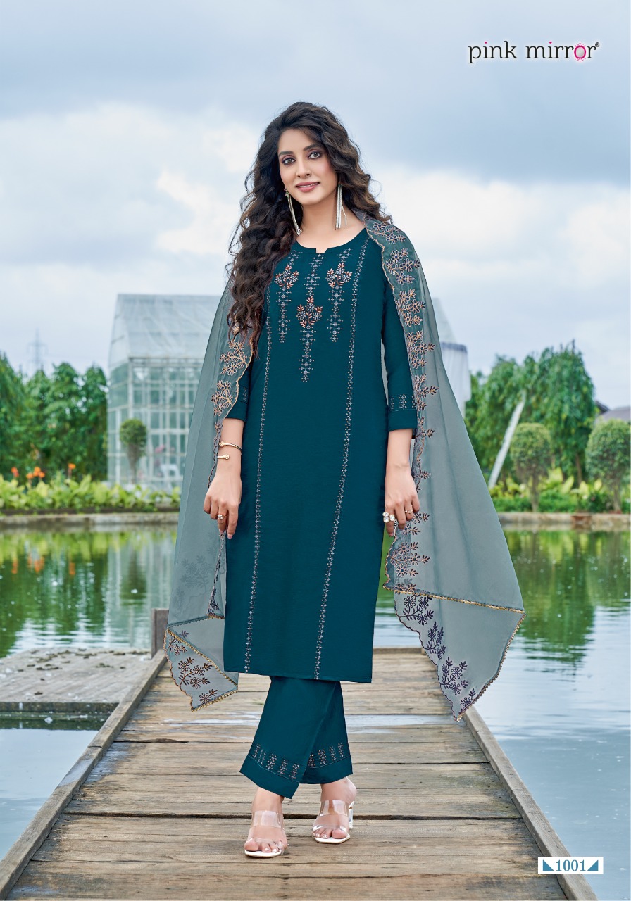 Pink Mirror Presents Sunshine Roman Silk Embroidery Designer Readymade Kurtis Wholesaler Surat