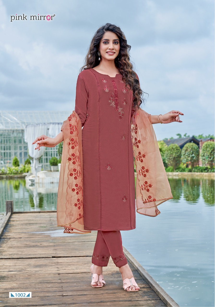 Pink Mirror Presents Sunshine Roman Silk Embroidery Designer Readymade Kurtis Wholesaler Surat