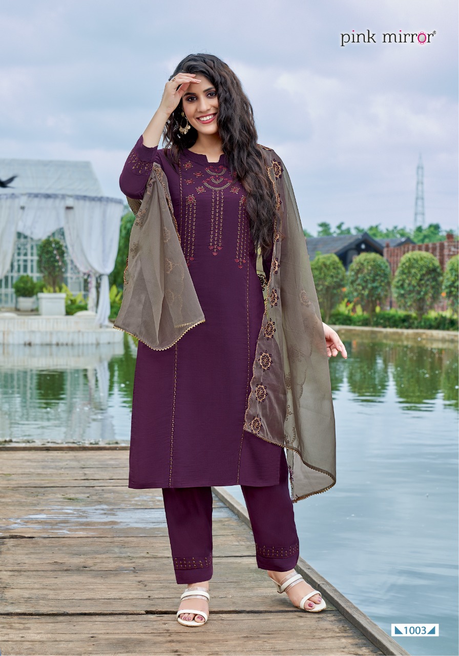 Pink Mirror Presents Sunshine Roman Silk Embroidery Designer Readymade Kurtis Wholesaler Surat