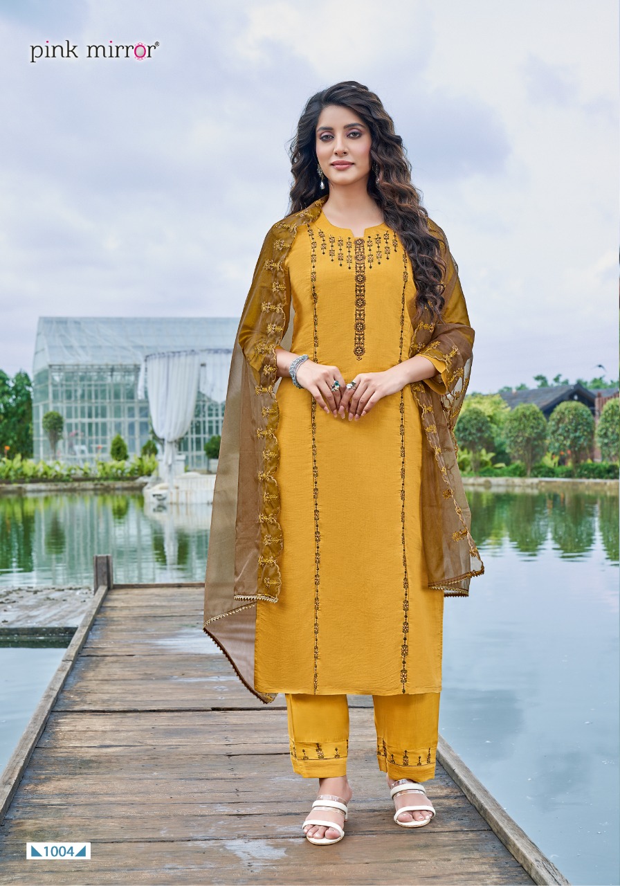 Pink Mirror Presents Sunshine Roman Silk Embroidery Designer Readymade Kurtis Wholesaler Surat