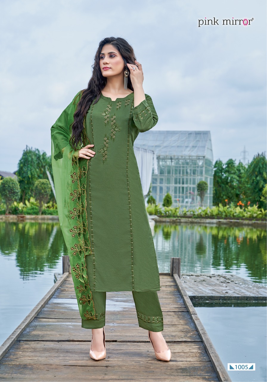 Pink Mirror Presents Sunshine Roman Silk Embroidery Designer Readymade Kurtis Wholesaler Surat