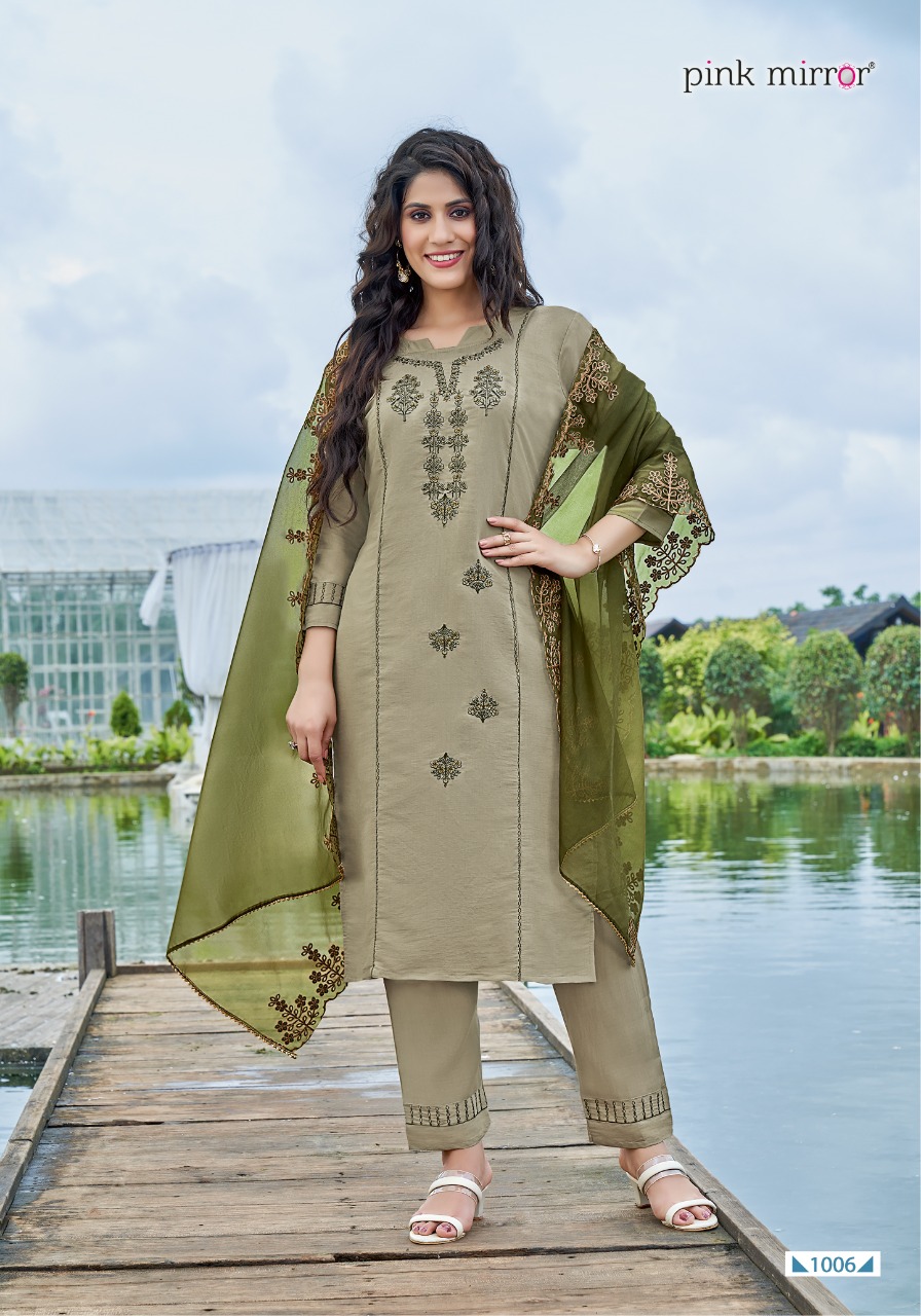 Pink Mirror Presents Sunshine Roman Silk Embroidery Designer Readymade Kurtis Wholesaler Surat