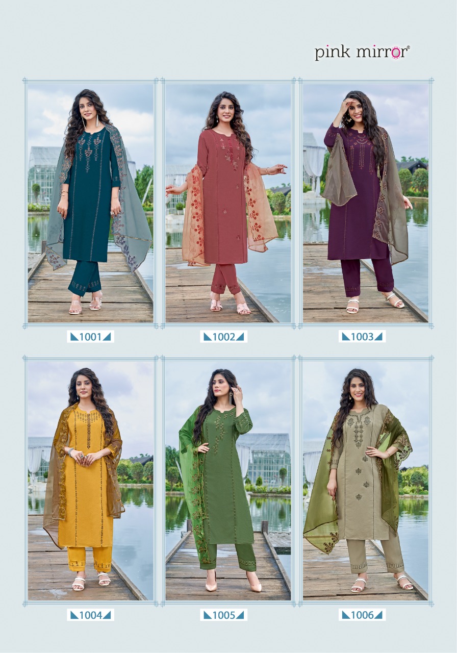 Pink Mirror Presents Sunshine Roman Silk Embroidery Designer Readymade Kurtis Wholesaler Surat