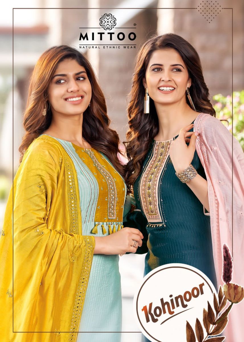Mittoo Kohinoor Viscose Silk Embroidery Kurti Pant With Dupatta Set Wholesaler Surat