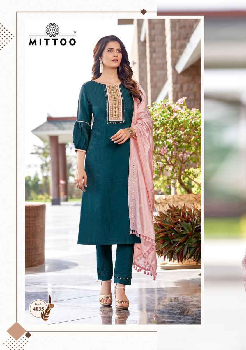 Mittoo Kohinoor Viscose Silk Embroidery Kurti Pant With Dupatta Set Wholesaler Surat