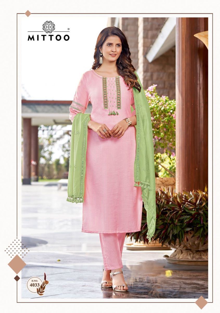 Mittoo Kohinoor Viscose Silk Embroidery Kurti Pant With Dupatta Set Wholesaler Surat
